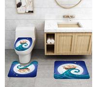 QRFASFZO Set Tappeti Bagno 3 Pezzi in Microfibra, Tappeti Assorbente Antiscivolo,Luna, vecchia nave con tempesta che cavalca le onde, stile luna piena e stelle marine, federa p,Tappetini Doccia