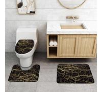 QRFASFZO Set Tappeti Bagno 3 Pezzi in Microfibra, Tappeti Assorbente Antiscivolo,Lussuoso motivo in marmo nero e oro con complesse radianze dorate di lusso,Tappetini Doccia