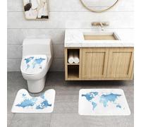 QRFASFZO Set Tappeti Bagno 3 Pezzi in Microfibra, Tappeti Assorbente Antiscivolo,Mappa, mappa del mondo con acquerello blu, tovaglietta resistente al calore,Tappetini Doccia