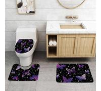 QRFASFZO Set Tappeti Bagno 3 Pezzi in Microfibra, Tappeti Assorbente Antiscivolo,Misteriosa luce stellare, farfalla viola che svolazza tra le stelle su sfondo nero,Tappetini Doccia