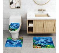 QRFASFZO Set Tappeti Bagno 3 Pezzi in Microfibra, Tappeti Assorbente Antiscivolo,Mondo sottomarino, delfini che nuotano tra barriere coralline colorate e bolle, circondati dall,Tappetini Doccia