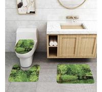 QRFASFZO Set Tappeti Bagno 3 Pezzi in Microfibra, Tappeti Assorbente Antiscivolo,Oasi Serena Il Ponte di Legno Immerso nel Verde Lussureggiante,Tappetini Doccia