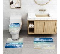 QRFASFZO Set Tappeti Bagno 3 Pezzi in Microfibra, Tappeti Assorbente Antiscivolo,Onda, spiaggia con onde spumeggianti su una riva deserta del mare, tema di vacanza, costa seren,Tappetini Doccia