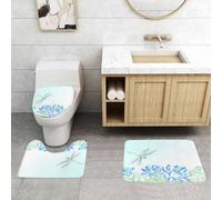 QRFASFZO Set Tappeti Bagno 3 Pezzi in Microfibra, Tappeti Assorbente Antiscivolo,Paesaggio di stagno, una delicata libellula vola sopra il loto blu e il cielo azzurro,Tappetini Doccia