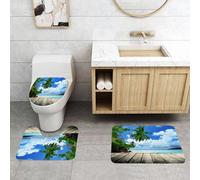 QRFASFZO Set Tappeti Bagno 3 Pezzi in Microfibra, Tappeti Assorbente Antiscivolo,Paesaggio, spiaggia di un'isola tropicale dal molo sul ponte vicino all'oceano con palme esotic,Tappetini Doccia