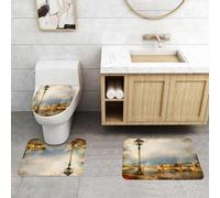 QRFASFZO Set Tappeti Bagno 3 Pezzi in Microfibra, Tappeti Assorbente Antiscivolo,Paesaggio urbano, vecchi lampioni lungo il fiume, edifici storici e ponti in lontananza,Tappetini Doccia