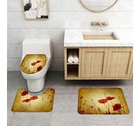 QRFASFZO Set Tappeti Bagno 3 Pezzi in Microfibra, Tappeti Assorbente Antiscivolo,Papaveri in stile retrò, papaveri rossi che emanano una bellezza senza tempo su uno sfondo dora,Tappetini Doccia