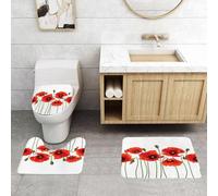 QRFASFZO Set Tappeti Bagno 3 Pezzi in Microfibra, Tappeti Assorbente Antiscivolo,Papavero rosso, un gruppo di fiori di papavero rosso brillante con steli verdi, su uno sfondo b,Tappetini Doccia