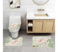 QRFASFZO Set Tappeti Bagno 3 Pezzi in Microfibra, Tappeti Assorbente Antiscivolo,Pavone, sfondo floreale in fiore con una coppia di fenicotteri su un ramo di un albero,Tappetini Doccia