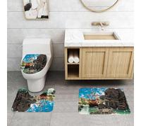 QRFASFZO Set Tappeti Bagno 3 Pezzi in Microfibra, Tappeti Assorbente Antiscivolo,Pirata, grande nave antica sulla costa tropicale caraibica, isola dei pirati, grande formazione,Tappetini Doccia