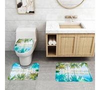 QRFASFZO Set Tappeti Bagno 3 Pezzi in Microfibra, Tappeti Assorbente Antiscivolo,Resort tropicale con scintillante piscina a sfioro con palme, sole e oceano,Tappetini Doccia