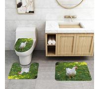QRFASFZO Set Tappeti Bagno 3 Pezzi in Microfibra, Tappeti Assorbente Antiscivolo,Ritratto di gallo, un pollo bianco con caratteristiche rosse uniche, sullo sfondo di erba verde,Tappetini Doccia