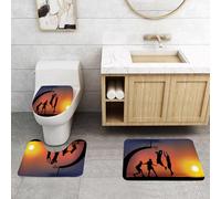 QRFASFZO Set Tappeti Bagno 3 Pezzi in Microfibra, Tappeti Assorbente Antiscivolo,Scena di basket al tramonto, sagome dei giocatori contro il sole sullo sfondo,Tappetini Doccia