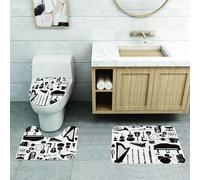 QRFASFZO Set Tappeti Bagno 3 Pezzi in Microfibra, Tappeti Assorbente Antiscivolo,Serie di profili di strumenti musicali, vari strumenti in bianco e nero contrassegnati con etic,Tappetini Doccia