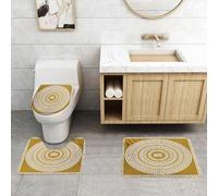 QRFASFZO Set Tappeti Bagno 3 Pezzi in Microfibra, Tappeti Assorbente Antiscivolo,Set di ornamenti greci tradizionali vintage quadrati e rotondi dorati, bordo a meandro, arte gr,Tappetini Doccia