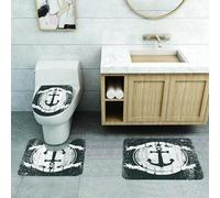 QRFASFZO Set Tappeti Bagno 3 Pezzi in Microfibra, Tappeti Assorbente Antiscivolo,Simbolo nautico: un'ancora centrata in una cornice circolare con stelle e nastri, che mostra se,Tappetini Doccia