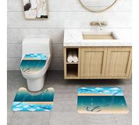 QRFASFZO Set Tappeti Bagno 3 Pezzi in Microfibra, Tappeti Assorbente Antiscivolo,Spiaggia, ancora e catena in stile cartone animato, un'isola tropicale e cielo nuvoloso nell'o,Tappetini Doccia
