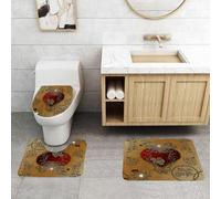QRFASFZO Set Tappeti Bagno 3 Pezzi in Microfibra, Tappeti Assorbente Antiscivolo,Steampunk - Cuore d'ispirazione, Romantico e meccanico, Cuore rosso decorato con ingranaggi e d,Tappetini Doccia