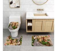 QRFASFZO Set Tappeti Bagno 3 Pezzi in Microfibra, Tappeti Assorbente Antiscivolo,Toscano, Ingresso alla porta rustica in legno toscana mediterranea e immagine di fiori colorati,Tappetini Doccia