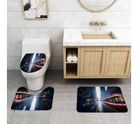 QRFASFZO Set Tappeti Bagno 3 Pezzi in Microfibra, Tappeti Assorbente Antiscivolo,Tram che viaggia in città, strade cittadine che viaggiano sotto la pioggia, tram che naviga nel,Tappetini Doccia