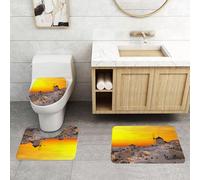 QRFASFZO Set Tappeti Bagno 3 Pezzi in Microfibra, Tappeti Assorbente Antiscivolo,Tramonto a Santorini, iconici edifici bianchi e la sagoma del mulino a vento appoggiata contro,Tappetini Doccia
