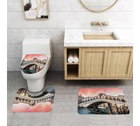 QRFASFZO Set Tappeti Bagno 3 Pezzi in Microfibra, Tappeti Assorbente Antiscivolo,Tramonto a Venezia, l'iconico ponte di Rialto e la gondola nel canale, attratti dal caldo bagli,Tappetini Doccia
