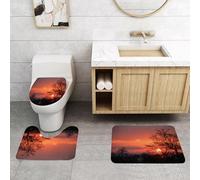 QRFASFZO Set Tappeti Bagno 3 Pezzi in Microfibra, Tappeti Assorbente Antiscivolo,Tramonto sereno attraverso rami spogli, il bagliore del sole dietro gli alberi in silhouette,Tappetini Doccia