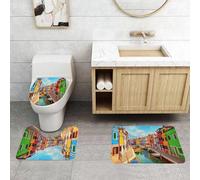 QRFASFZO Set Tappeti Bagno 3 Pezzi in Microfibra, Tappeti Assorbente Antiscivolo,Venezia, edifici colorati e canale d'acqua con barche Isola di Burano nella laguna di Veni,Tappetini Doccia