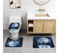 QRFASFZO Set Tappeti Bagno 3 Pezzi in Microfibra, Tappeti Assorbente Antiscivolo,Vista notturna invernale, foresta sotto l'enorme luna, con un uccellino blu sulla panchina,Tappetini Doccia