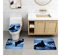 QRFASFZO Set Tappeti Bagno 3 Pezzi in Microfibra, Tappeti Assorbente Antiscivolo,Vista sull'oceano, un faro che brilla verso il cielo scuro, in piedi sulla costa rocciosa e sul,Tappetini Doccia