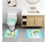QRFASFZO Set Tappeti Bagno 3 Pezzi in Microfibra, Tappeti Assorbente Antiscivolo,Wanderlust Decor, mappa del mondo con paesi e capitali della terra con oceani,Tappetini Doccia