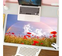 QRFASFZO Tappetino per mouse tappetino da ufficio multifunzione e antiscivolo,per migliorare la precisione e la velocità,Papavero, prato con papaveri e arcobaleno riflesso nell'aria cielo ma,80x30 cm