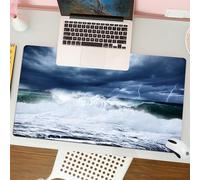 QRFASFZO Tappetino per mouse tappetino da ufficio multifunzione e antiscivolo,per migliorare la precisione e la velocità,Onde, temporali e fulmini sulla spiaggia. Nuvoloso. Cielo piovoso. Ma,80x30 cm
