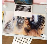 QRFASFZO Tappetino per mouse tappetino da ufficio multifunzione e antiscivolo,per migliorare la precisione e la velocità,Indiani, pittura mistica di giovani indigeni etnici piuma con lupi ve,80x30 cm