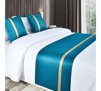 QRGMKL Runner da Letto Morbidi Come la Seta e Cuscini abbinati Sciarpa da Letto in Tinta Unita Corridore da Letto per Il Piede del Letto Copriletto a Contrasto di Colore-Blue||2 Pillowcases(50X50cm)