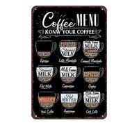 QSFDCLG WJe-A01 - Targa in metallo con scritta in lingua inglese "Coffee Menu Know Your Coffee", 20,3 x 30,5 cm, cartello in metallo retrò vintage, decorazione da parete per bar, wje-A01