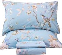 QSH Set di lenzuola in 100% cotone egiziano a grandezza naturale, motivo floreale con piante di uccello, motivo botanico di lusso, lenzuola per letto matrimoniale, extra morbide e traspiranti, 4 pezzi