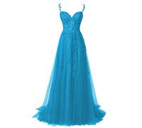 QSICO Abito da sera da donna in tulle, elegante, in pizzo, per ballo, lungo split, Blu, 50