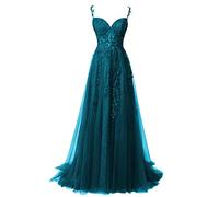 QSICO Abito da sera da donna in tulle, elegante, in pizzo, per ballo, lungo split, foglia di tè, 48