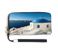 QSKDLAC Portafoglio Rfid Donne Personalizzato Retro Canada Banner Lungo Frizione Portafoglio Carta Portafogli Per Donne Uomini, Isola di Santorini Vista Mare, 20.0*10.5cm, Moderno