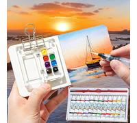 QSLKI 5PCS Tavolozza Pittura Acquerelli Portatile, Set Mini Tavolozza con Coperchio Magnetico, 12 Colori Vibranti, Pad da Disegno, Penna a Base d'Acqua, Clip