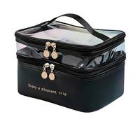 QSTDGVPW Beauty Case Trucco Borsa Cosmetici Astuccio Make Up Organizer Doppio Scomparto a PU E PVC con Manico Rinforzato E Doppie Cerniere Adatto a Viaggio Lavoro Casa, Nero, Nero