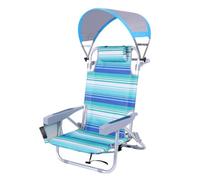 QSTDGVPW Sedia da Spiaggia Pieghevole con Tettuccio Parasole Sdraio Portatile con Spallacci Imbottiti Porta Bicchiere E Tasca, Sedia Da Spiaggia Bassa A Strisce Blu-verdi Con Tendalino