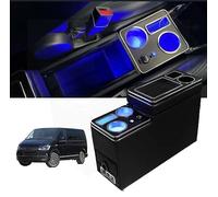 QSULNN Scatola Portaoggetti per Console Centrale Aggiornata Compatibile con VW T4 T5 T6 T6.1 T7 Tutti i Modelli dal 2003 al 2019, Pelle Nera Porta Telefono per Bevande con USB e Luci LED