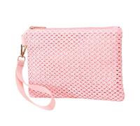 Qsvbeeqj Borsa a busta in paglia essenziale da spiaggia per le donne intrecciata piccola borsa con cinturino da polso borsa alla moda da spiaggia con cerniera pochette tessuta, A, One Size