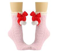 Qsvbeeqj Calzini caldi invernali da donna carino Natale Bowknot corallo velluto interno pantofole calzini casa vacanza sonno calze velluto, Palla di capelli rosso viola, One Size