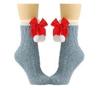 Qsvbeeqj Calzini caldi invernali da donna carino Natale Bowknot corallo velluto interno pantofole calzini casa vacanza sonno calze velluto, Blu Rosso Furball, One Size