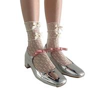 Qsvbeeqj Calzino corto in pizzo per le donne calzino bianco per le donne cavigliera JK archi Jk calza tubo archi, Grande fiocco bianco latte, taglia unica
