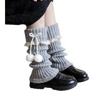 Qsvbeeqj Donne Pizzo Frilly Scaldamuscoli Maglia Calze Lunghe Calde Studenti Ragazze Boot Pompon Fiocchi Lace Up Piedi Coperture Delle Donne Lolitas Maglia Lunghi Scaldamuscoli, Grigio chiaro, Taglia