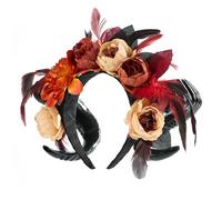 Qsvbeeqj Elegante cerchietto punk con rose artificiali e corno di pecora, adatto per feste a tema cosplay da donna e accessori quotidiani con rose impreziosite da corno da diavolo